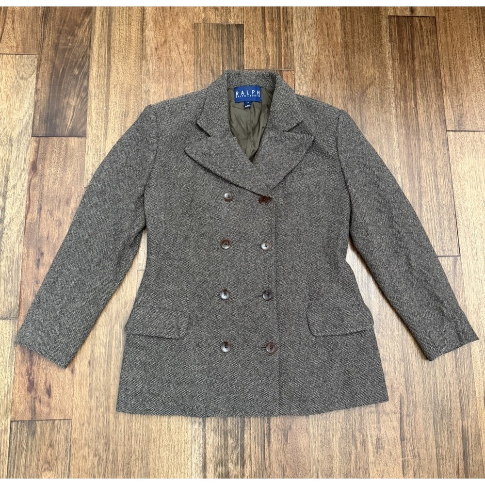 Lauren Ralph Lauren Women's Brown Double-Breasted Wool Blazer Houndstooth Size 6